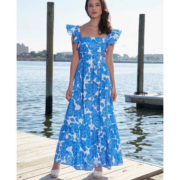 London Times Women's Square-Neck Ruffled-Sleeve Maxi Dress – Ivory/Blue – NWT 16 - Picture 2 of 4